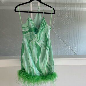 Anthropologie Hutch Green Strappy Dress with Feather Hem